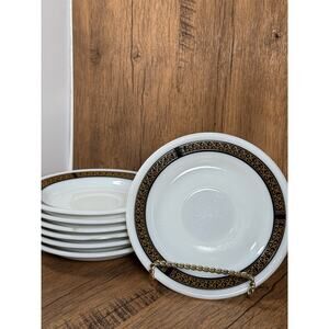 Pyrex Tableware Corning Saucer Plates 7pc Set Black Gold Fleur Di Lis Vintage